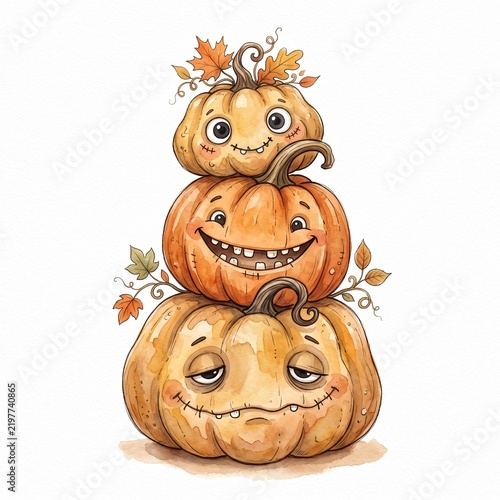 A vertical stack of three cartoon pumpkins with expressive faces and autumn leaves isolated on white background with centered against plain