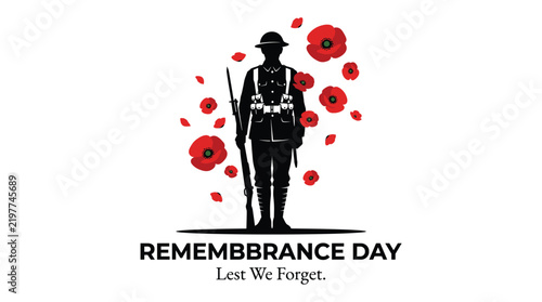 Fotografía Remembrance Day Tribute: A silhouette of a soldier stands tall, holding a rifle, surrounded by symbolic red poppies, commemorating Remembrance Day with the poignant message Lest We Forget