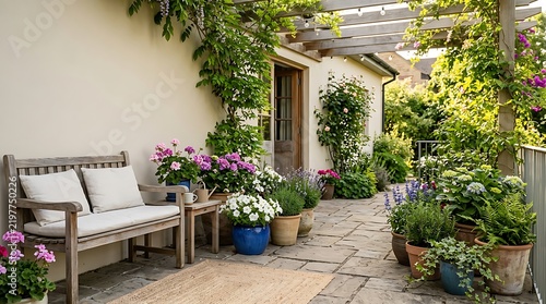 A charming and serene outdoor patio with a wooden bench, numerous potted flowers, and a pergola covered in lush greenery, creating a peaceful garden retreat.