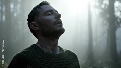 Man Breathing Fresh Air In Misty Woods. 4K Video