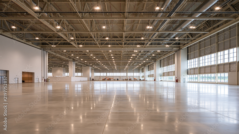 Fototapeta premium Large Empty Warehouse Hall with Polished Concrete Floor and High Ceiling