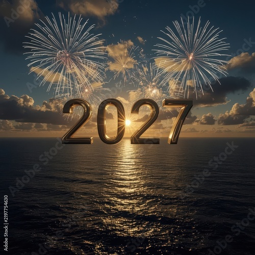 2027 gold numbers floating over a calm ocean with fireworks at sunset