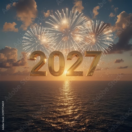 Gold 2027 numbers floating over ocean waves with fireworks at sunset