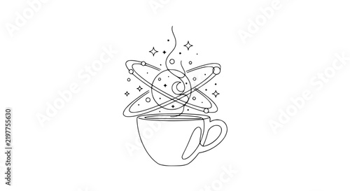 Foto Cosmic Coffee Cup with Orbiting Planets and Stars - Isolated Line Art
