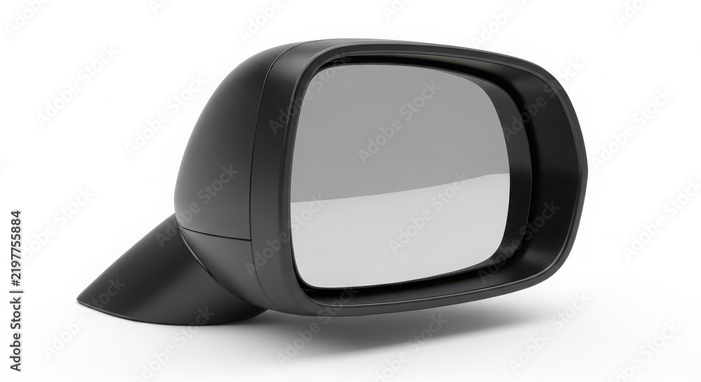 Obraz premium Sleek black car side mirror isolated on white background featuring polished glass surface and modern aerodynamic design for automotive vehicles