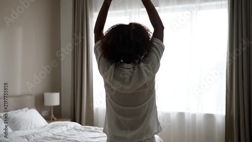 Woman Stretching Arms Waking Up In Morning. 4K Video