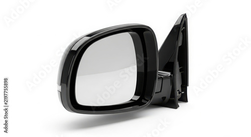 Shiny black vehicle side mirror captured from a side angle isolated on a clean white background for modern automotive parts