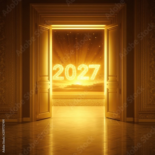 Golden doorway opening to a glowing 2027 year sign with bright light rays