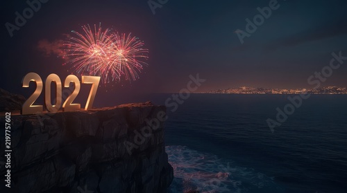 Large 2027 illuminated numbers on a cliffside with fireworks over the ocean