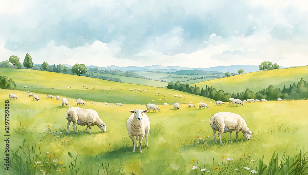 Fototapeta premium Illustration of a painting depicting a grassy valley with sheep.