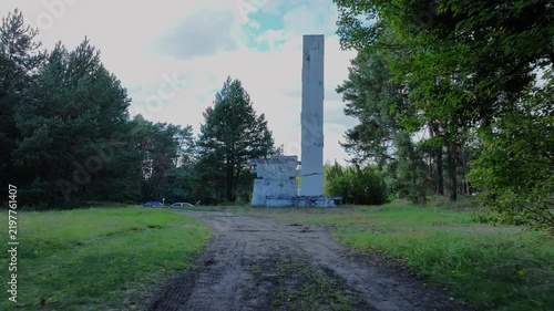 Aerial Torun Poland historic Soviet soldier cemetery. Stalag XXI-C was a German Army World War II prisoner of war camp. Memorial is mass graves of over 14,000 prisoners executed. Historical.