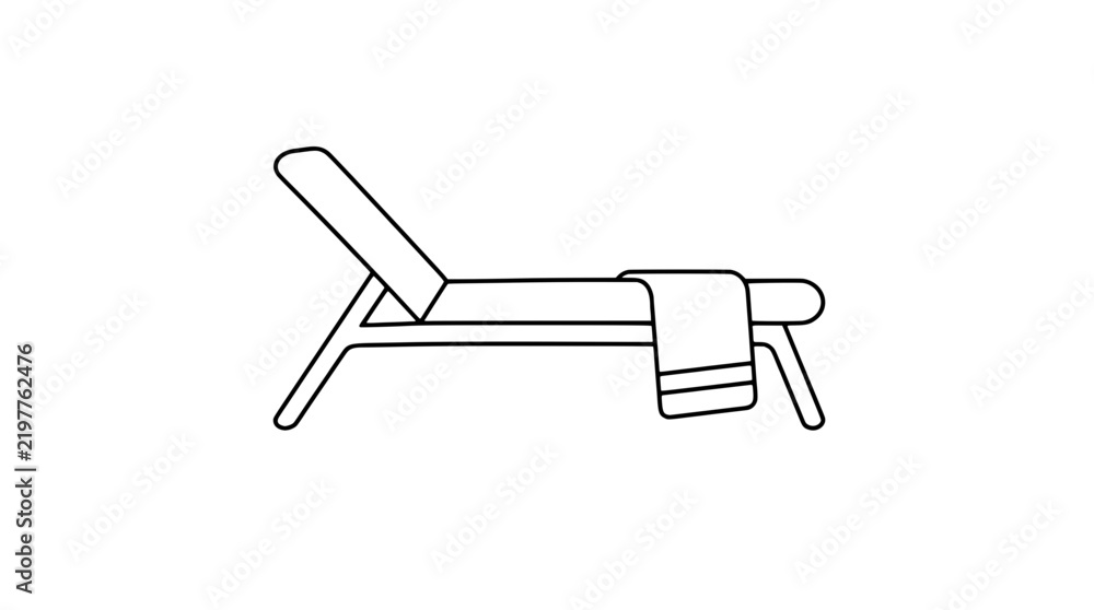 Obraz premium Minimalist line art vector icon of a sun deck chaise lounge chair with reclined backrest and striped towel draped over the side, perfect for poolside summer relaxation and luxury resort vacation