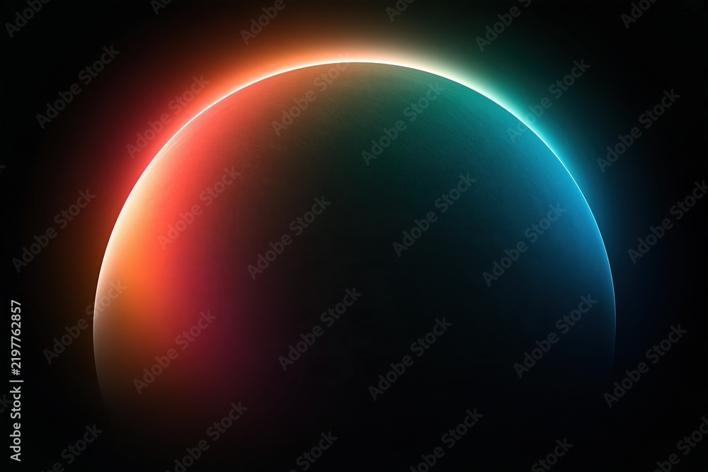 Fototapeta premium Abstract glowing sphere with vibrant red and turquoise neon light halo against dark background