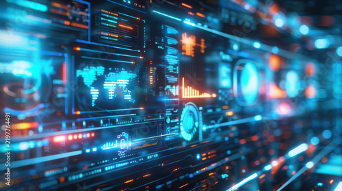 Futuristic digital interface displaying global data analytics and network connectivity