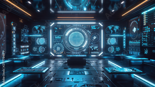 Futuristic digital command center with glowing holographic data interfaces