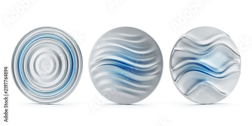 Three circular metallic discs with embossed wave and ripple patterns in silver and blue