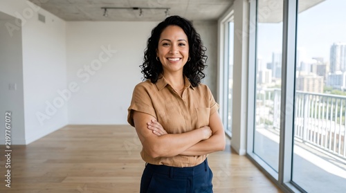 Smiling woman with arms crossed standing in a modern empty apartment