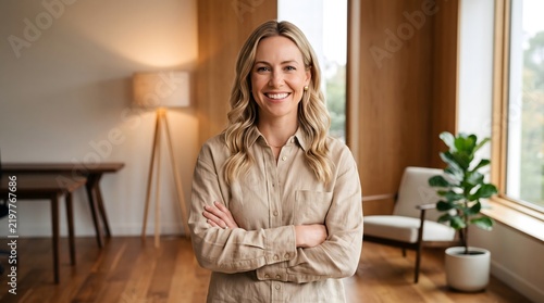 Smiling blonde businesswoman with arms crossed standing in a modern office