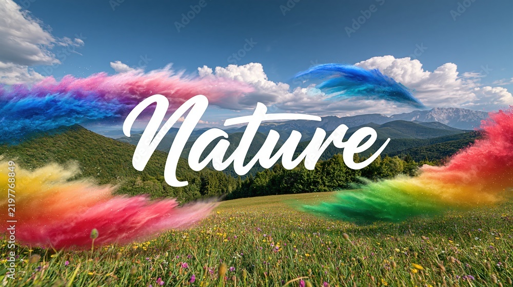 Obraz premium Vibrant explosion of colors swirling around the word Nature over a picturesque mountain landscape