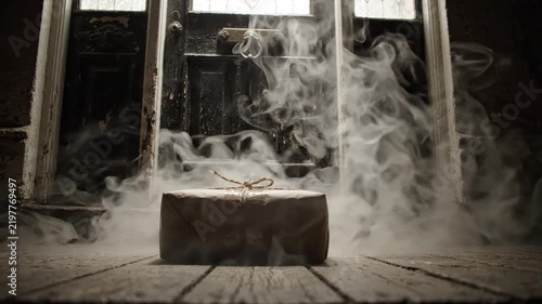 Mysterious Gift Box Emitting Smoke in Dark Ancient Doorway