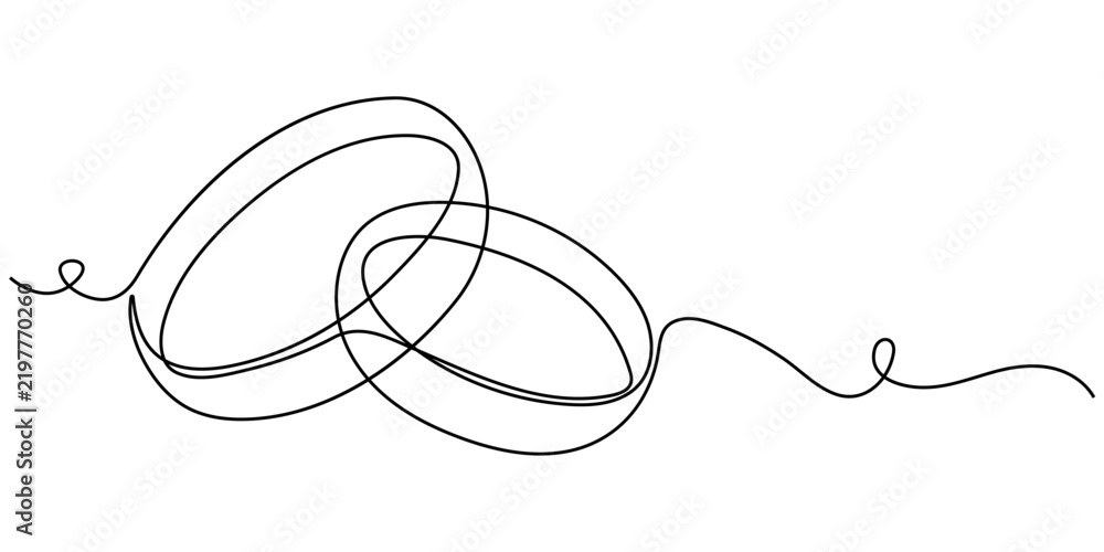 Obraz premium Continuous one line drawing of two wedding rings representing eternal love, Two wedding rings in one continuous line drawing. Love and romantic concept and symbol proposal engagement for invitation. 