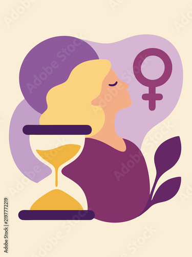 Foto Female Menopause Concept with Woman, Hourglass and Symbol Representing Life Tran