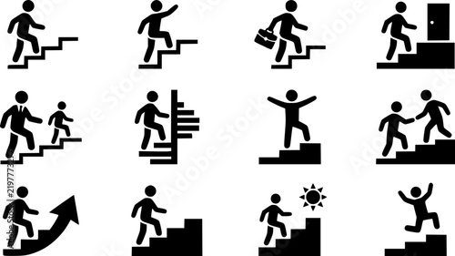 Set of four different stylized icons showing a human figure walking up stairs
