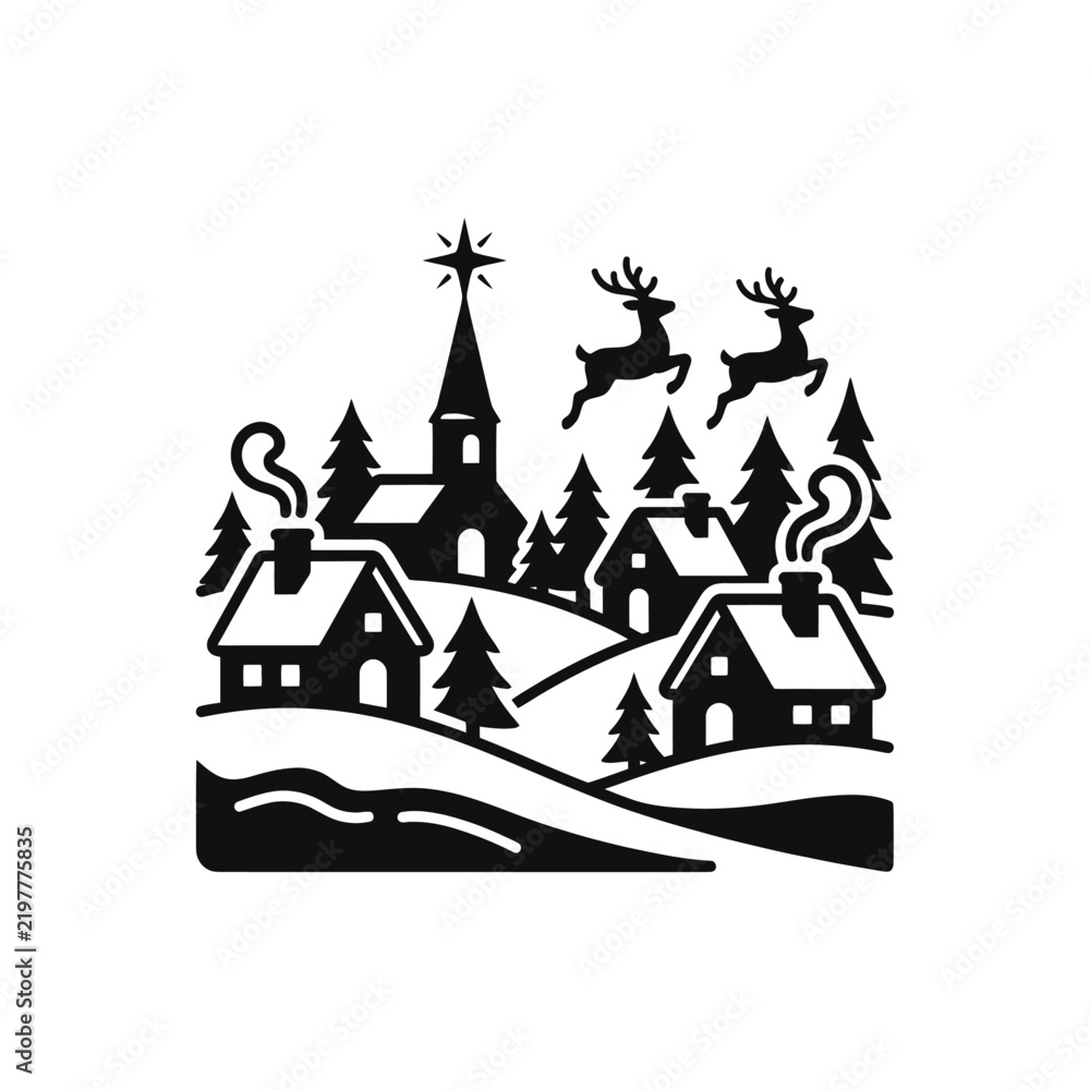 Obraz premium Clean Black and White Minimalist Holiday Village Scene with Reindeer Church Houses and Snowy Landscape