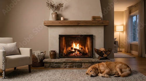 Cozy living room interior featuring a warm fireplace and sleeping dog on rug