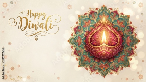 Happy Diwali greeting card illustration with ornate decorative lit diya lamp and colorful floral mandala pattern