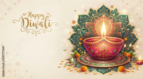 Happy Diwali greeting card illustration with ornate decorative lit diya lamp and colorful floral mandala pattern