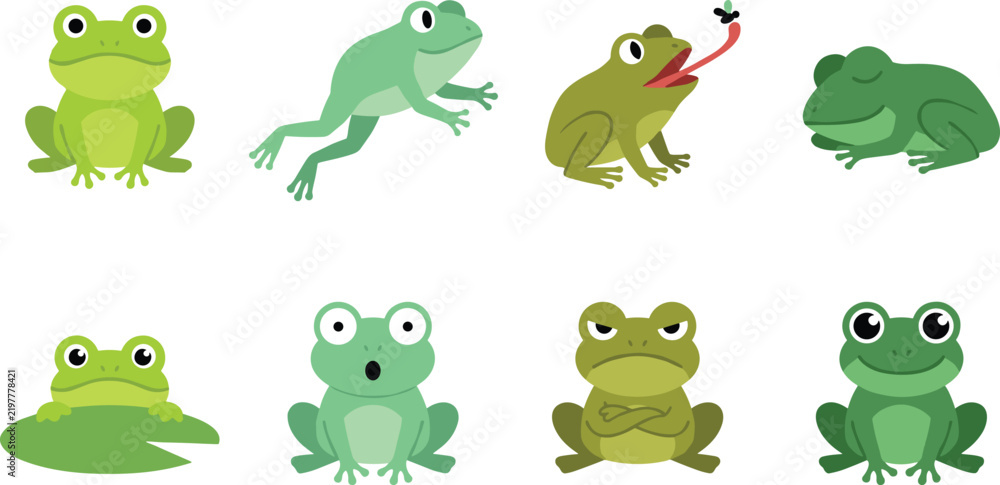 Fototapeta premium Cute green frog character vector icon set showing different emotions jumping catching fly and sitting on lily pad for children graphic designs