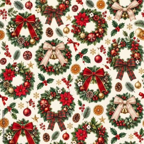 Festive Wreaths and Ornaments Christmas Pattern