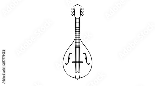 Картината върху платно Hand-drawn vector icon of a classic pear-shaped mandolin with elegant twin f-holes, detailed strings, frets, and tuning pegs on a long neck