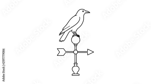 Obraz na plátne Detailed vector icon of a perched crow on a weathercock finial, elegant black and white line art illustration ideal for weather vanes, rustic decor, and nature-inspired graphic design projects
