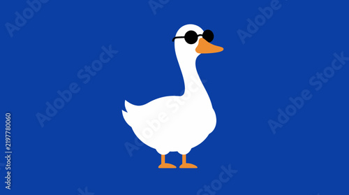 Cool white goose wearing black sunglasses on blue background flat illustration