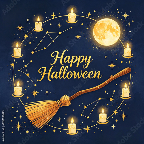 magical halloween card with broom, moon and stars