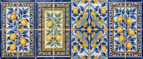 Ornate Ceramic Tiles with Lemon Motif in Blue and Gold Pattern