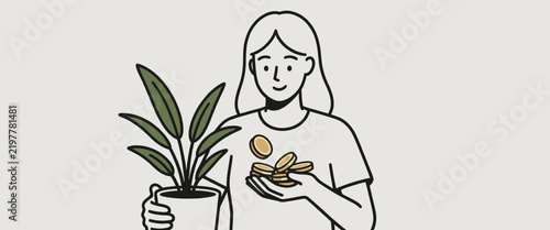 Woman Holding Coins and Potted Plant Illustration
