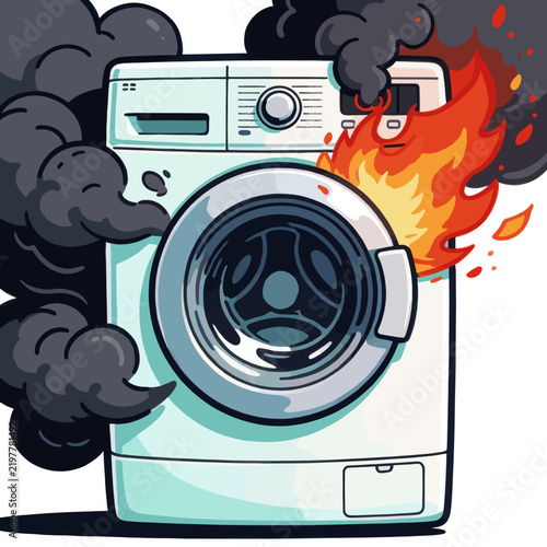 Washing Machine on Fire with Smoke and Flames Illustration