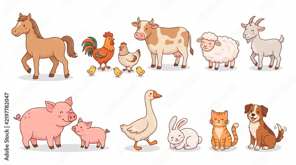 Fototapeta premium A charming set of cute and friendly hand-drawn vector farm animals, featuring a horse, rooster, cow, sheep, goat, pigs, goose, rabbit, cat, and dog on a clean white background.
