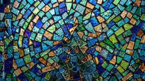 Abstract blue and green glass mosaic tile background with decorative geometric pattern