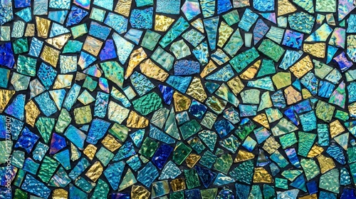 Abstract blue and green glass mosaic background with iridescent shards and geometric texture