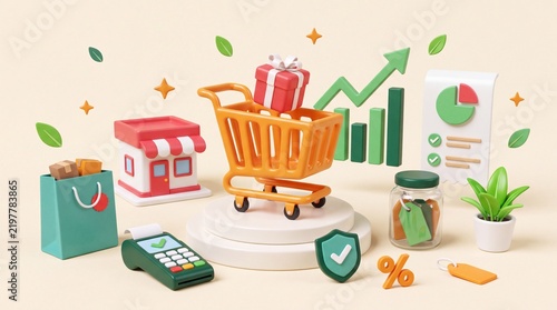 3D Icon of Shopping Cart with Retail Growth Chart
