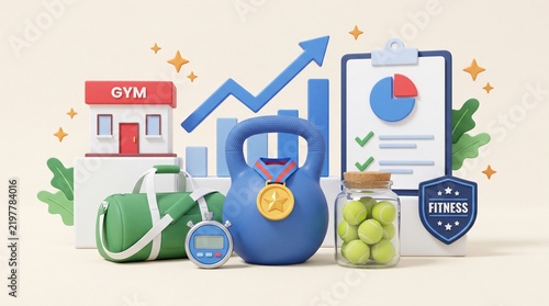 3D Icon of Dumbbell with Fitness Growth Chart