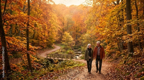 Senior couple walking on a path through a golden autumn forest