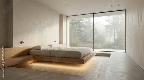 Serene Modern Bedroom with Floating Bed and Forest View