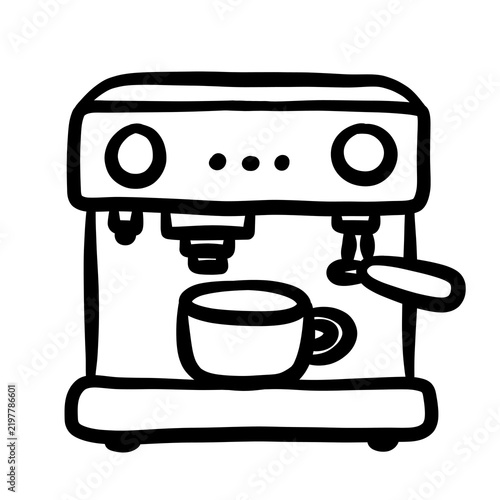 Minimalist hand-drawn black line art of a commercial espresso machine, isolated on transparent background