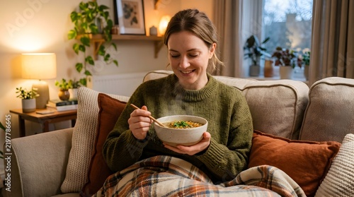 Smiling woman eating hot soup on couch at home