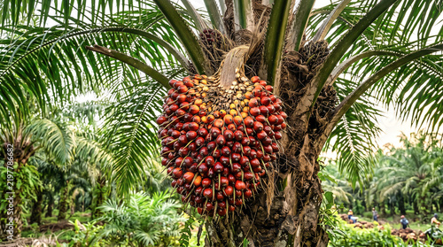 Oil palm fruit bunch hanging on a tree with plantation landscape background